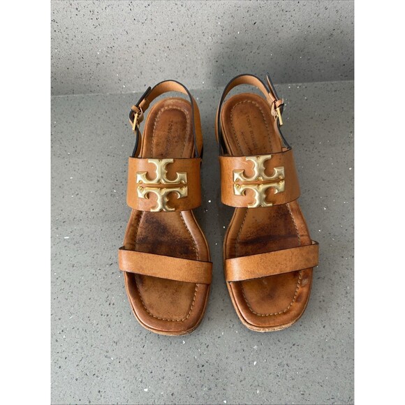 TORY BURCH Lowell 2 Block Heel Sandal Women’s 7.5 brown leather - Picture 1 of 10